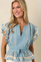 Women's Soft Serenity Blue Flutter Sleeve Peplum Top 2