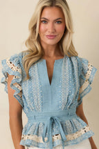 Women's Soft Serenity Blue Flutter Sleeve Peplum Top 3