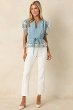 Women's Soft Serenity Blue Flutter Sleeve Peplum Top 4