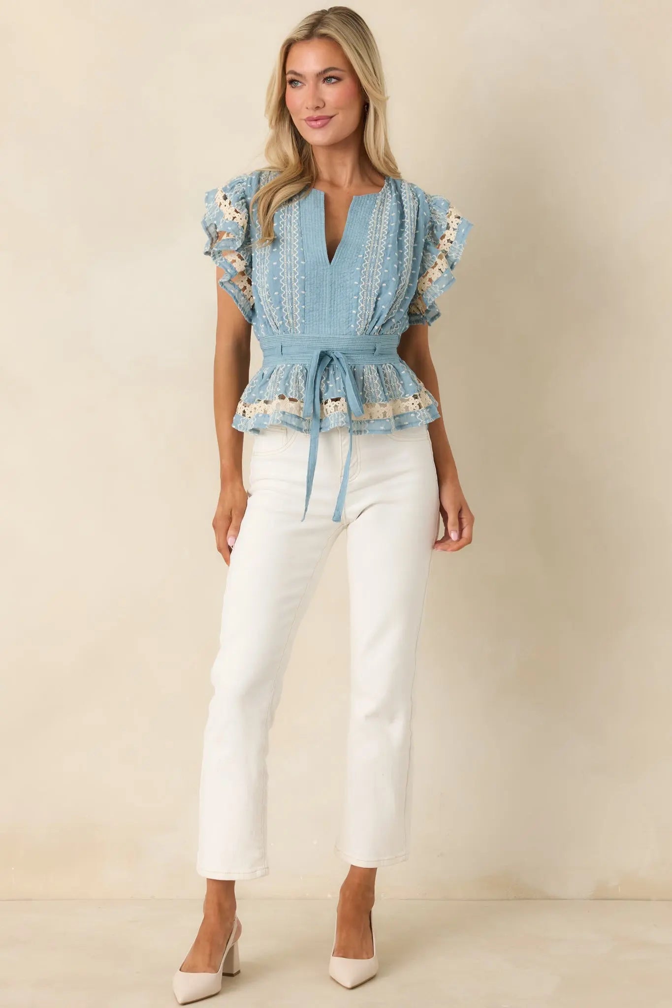Women's Soft Serenity Blue Flutter Sleeve Peplum Top 4