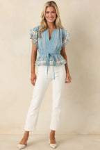 Women's Soft Serenity Blue Flutter Sleeve Peplum Top 5