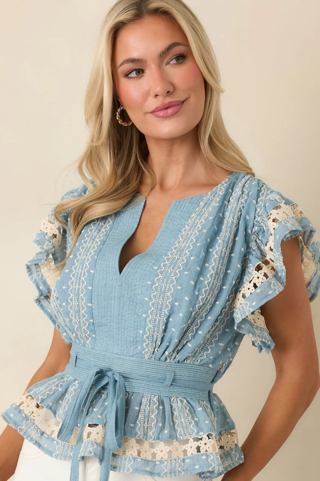 Women's Soft Serenity Blue Flutter Sleeve Peplum Top 6