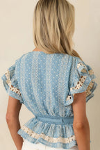 Women's Soft Serenity Blue Flutter Sleeve Peplum Top 7