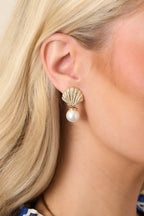 Women's Soft Tides Gold Seashell & Pearl Drop Earrings | These Earrings Measure 1.25" in Length 2