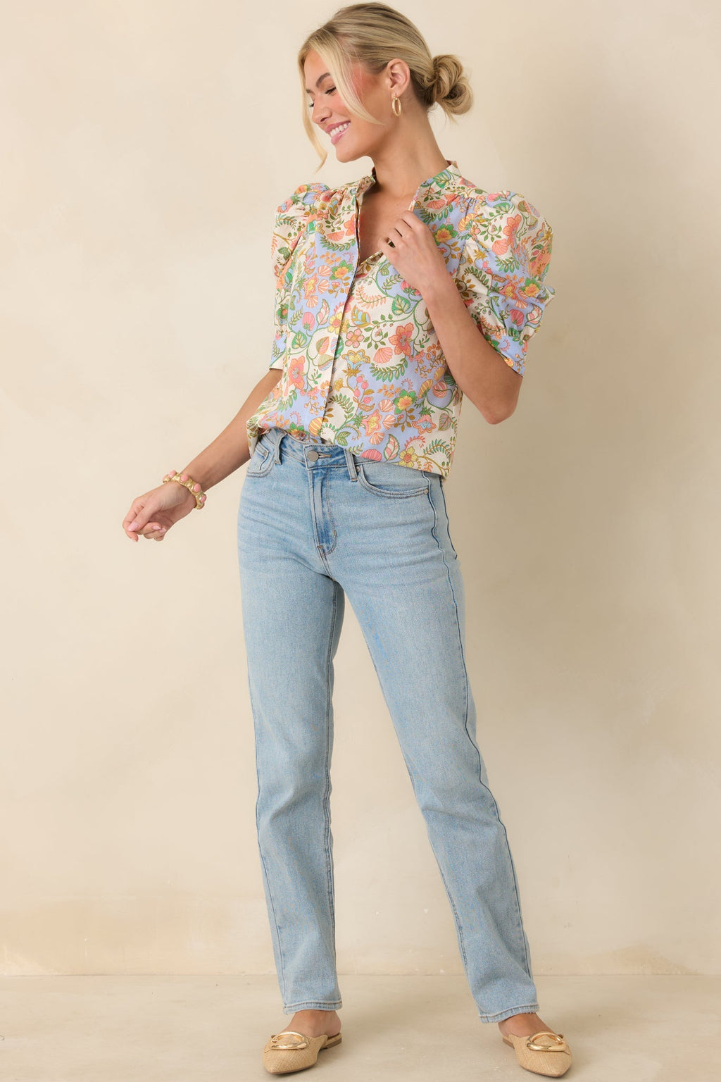 Women's Somebody to Love Ivory Multi Floral Paisley Cotton Puff Sleeve Blouse | 100% Cotton 1