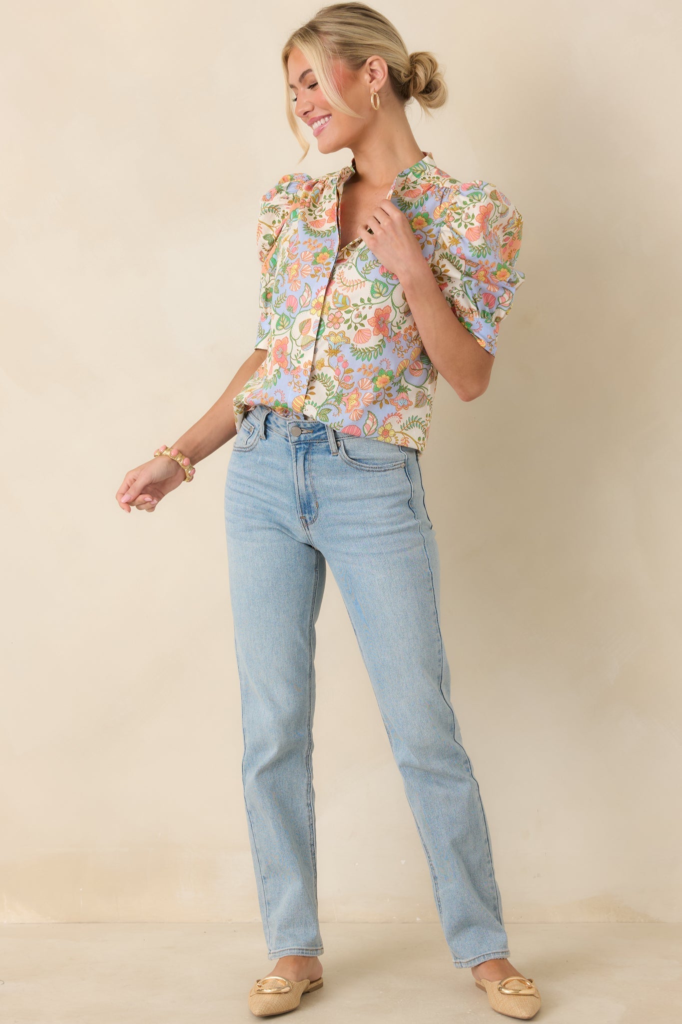 Women's Somebody to Love Ivory Multi Floral Paisley Cotton Puff Sleeve Blouse | 100% Cotton 1