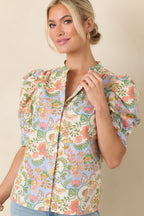 Women's Somebody to Love Ivory Multi Floral Paisley Cotton Puff Sleeve Blouse | 100% Cotton 4
