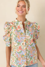 Women's Somebody to Love Ivory Multi Floral Paisley Cotton Puff Sleeve Blouse | 100% Cotton 6