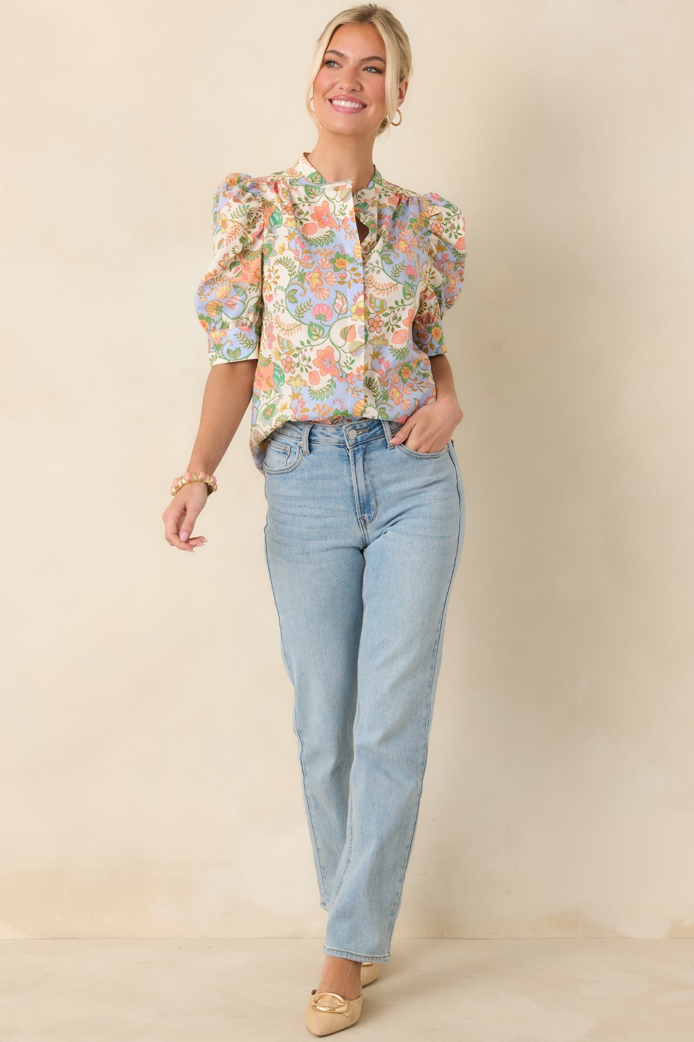 Women's Somebody to Love Ivory Multi Floral Paisley Cotton Puff Sleeve Blouse | 100% Cotton 7