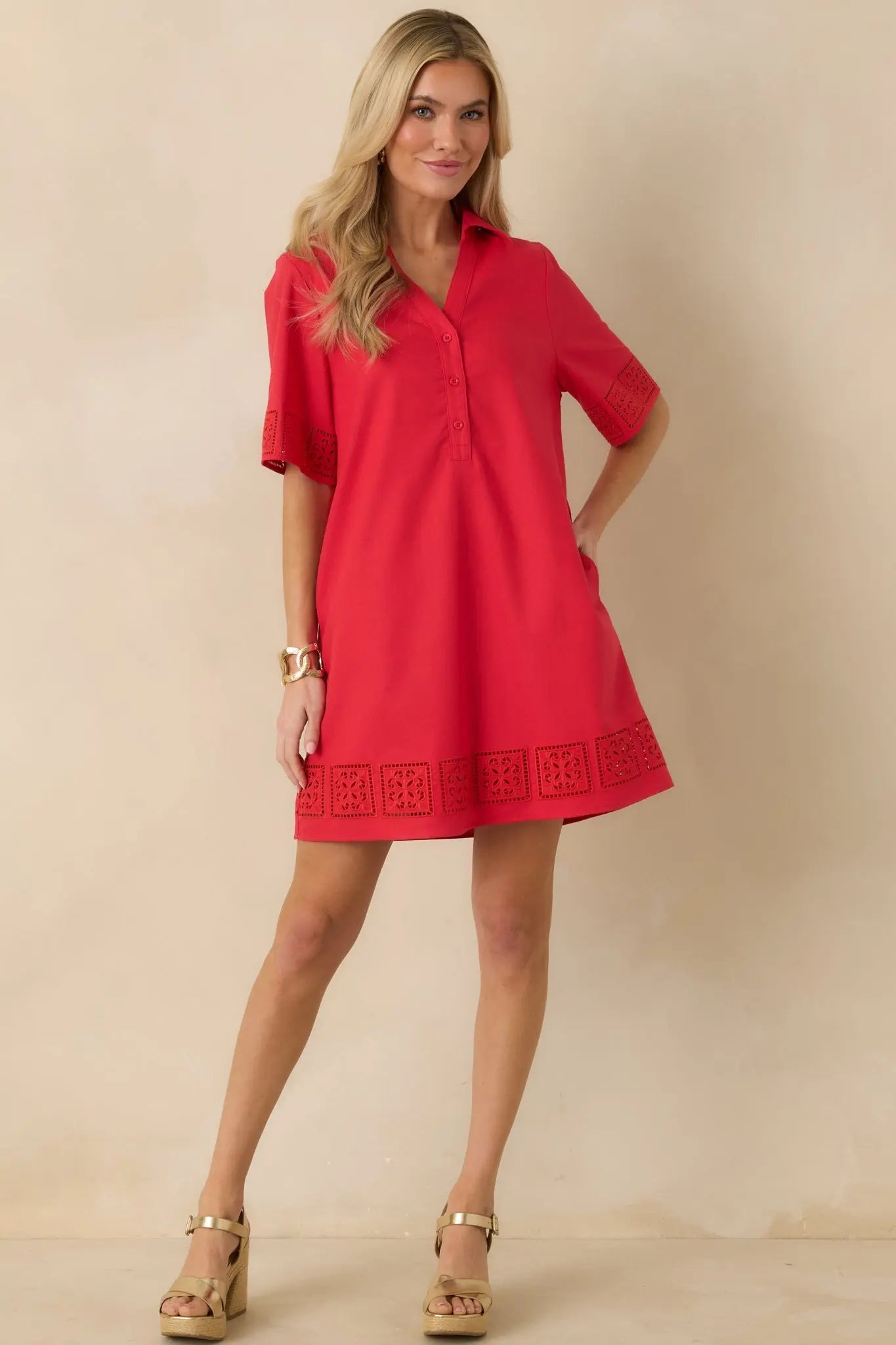 Women's Something About You Red Cotton Blend Cut Out Detail Mini Shirt Dress | 50% Cotton 2
