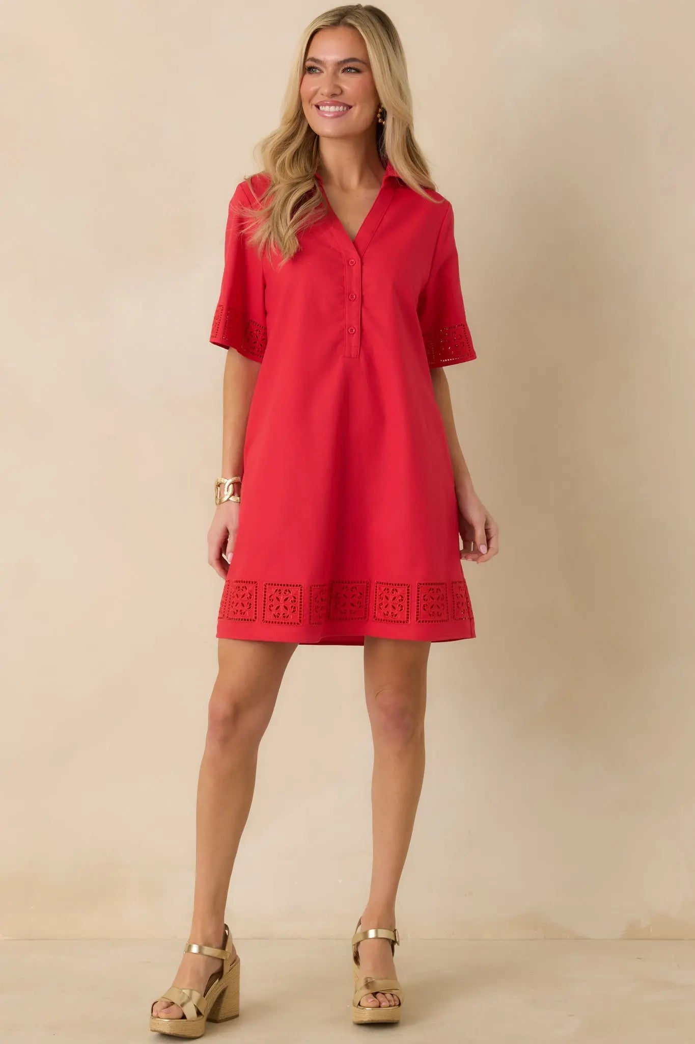 Women's Something About You Red Cotton Blend Cut Out Detail Mini Shirt Dress | 50% Cotton 4