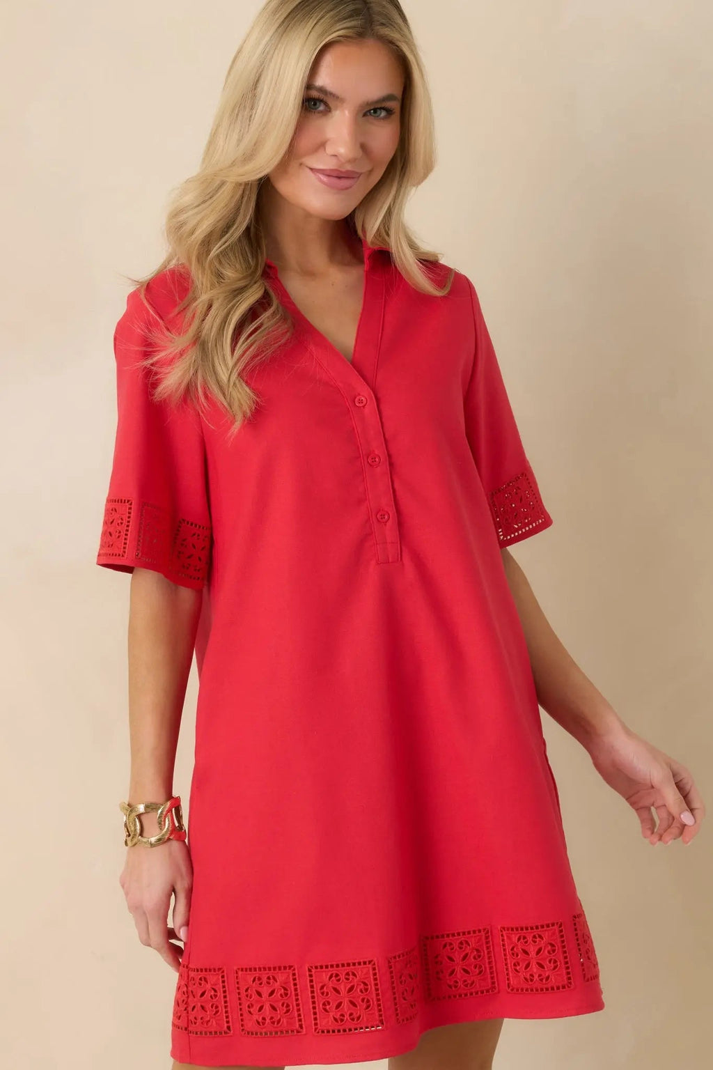 Women's Something About You Red Cotton Blend Cut Out Detail Mini Shirt Dress | 50% Cotton 5