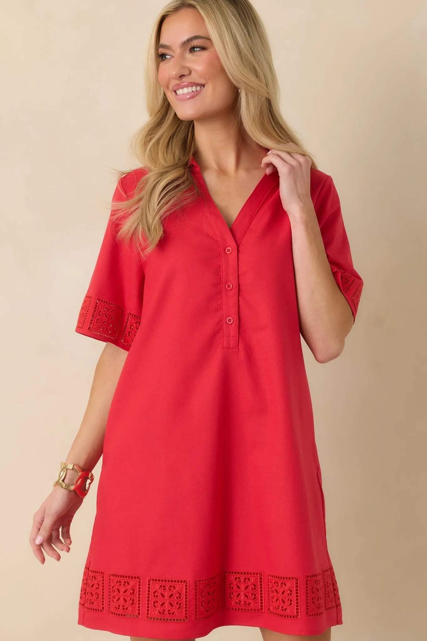 Women's Something About You Red Cotton Blend Cut Out Detail Mini Shirt Dress | 50% Cotton 6