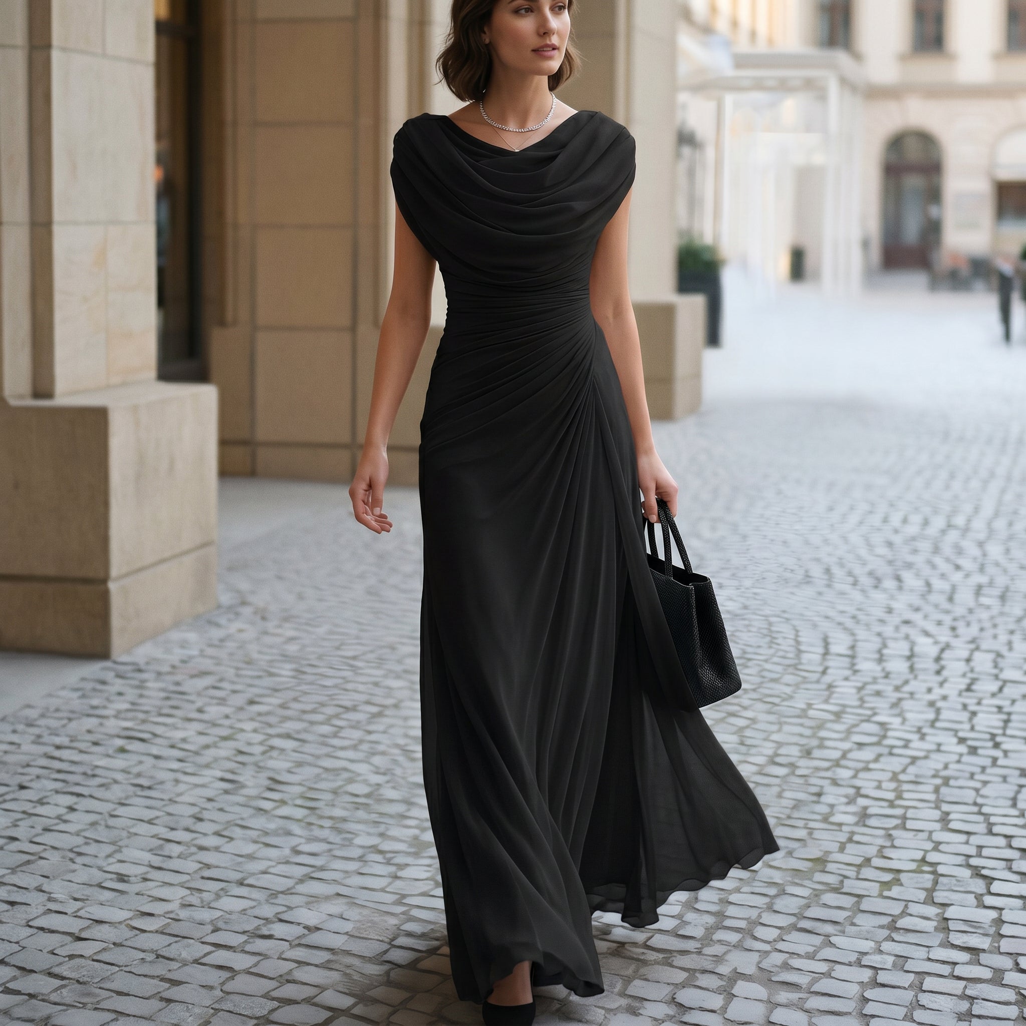 Draped Cowl-Neck Maxi Dress — Elegant