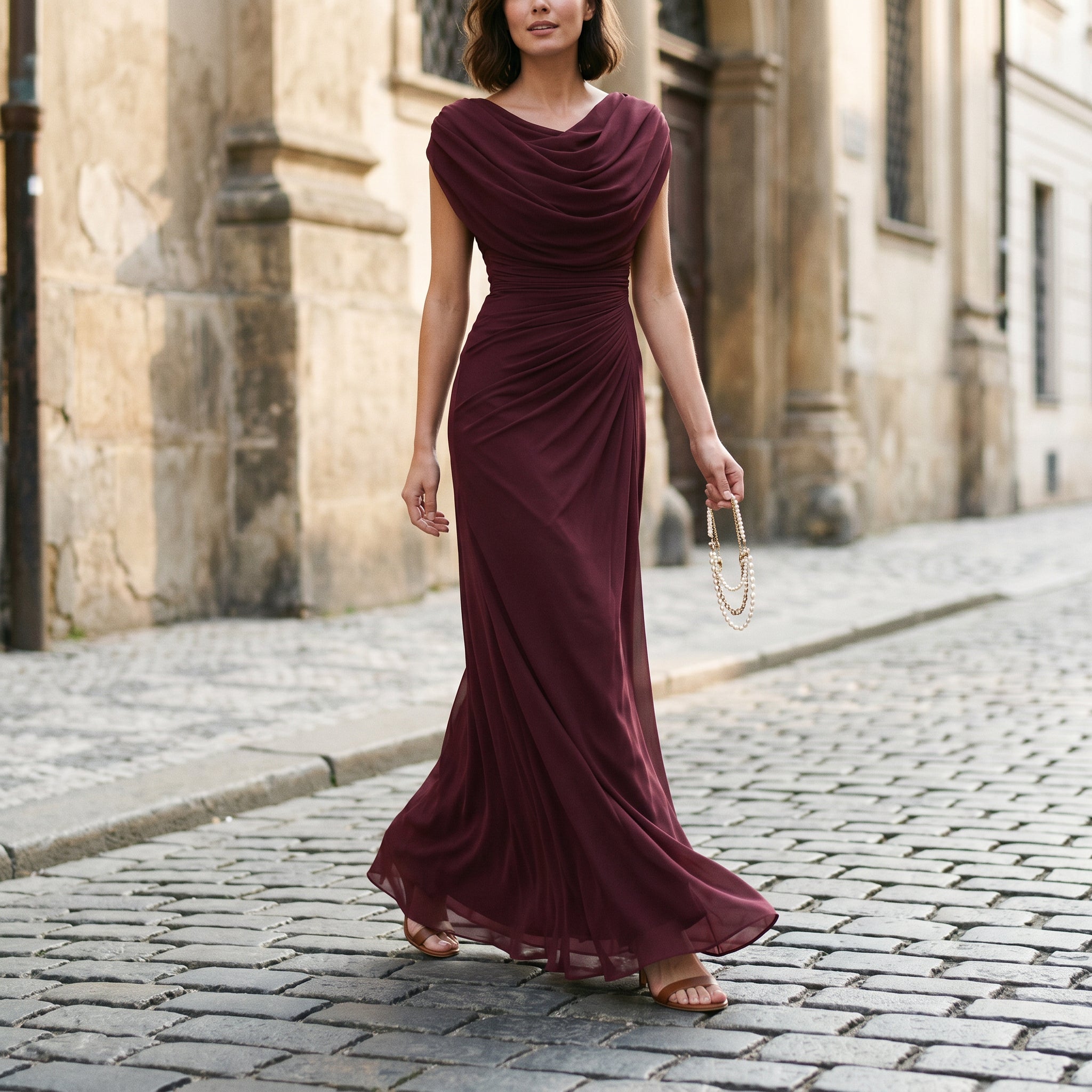Draped Cowl-Neck Maxi Dress — Elegant