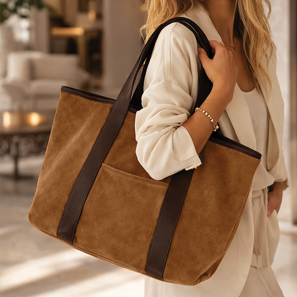 Spacious Tote Bag with Durable Faux Suede & Leather Trim | Everyday Carryall for Work & Travel