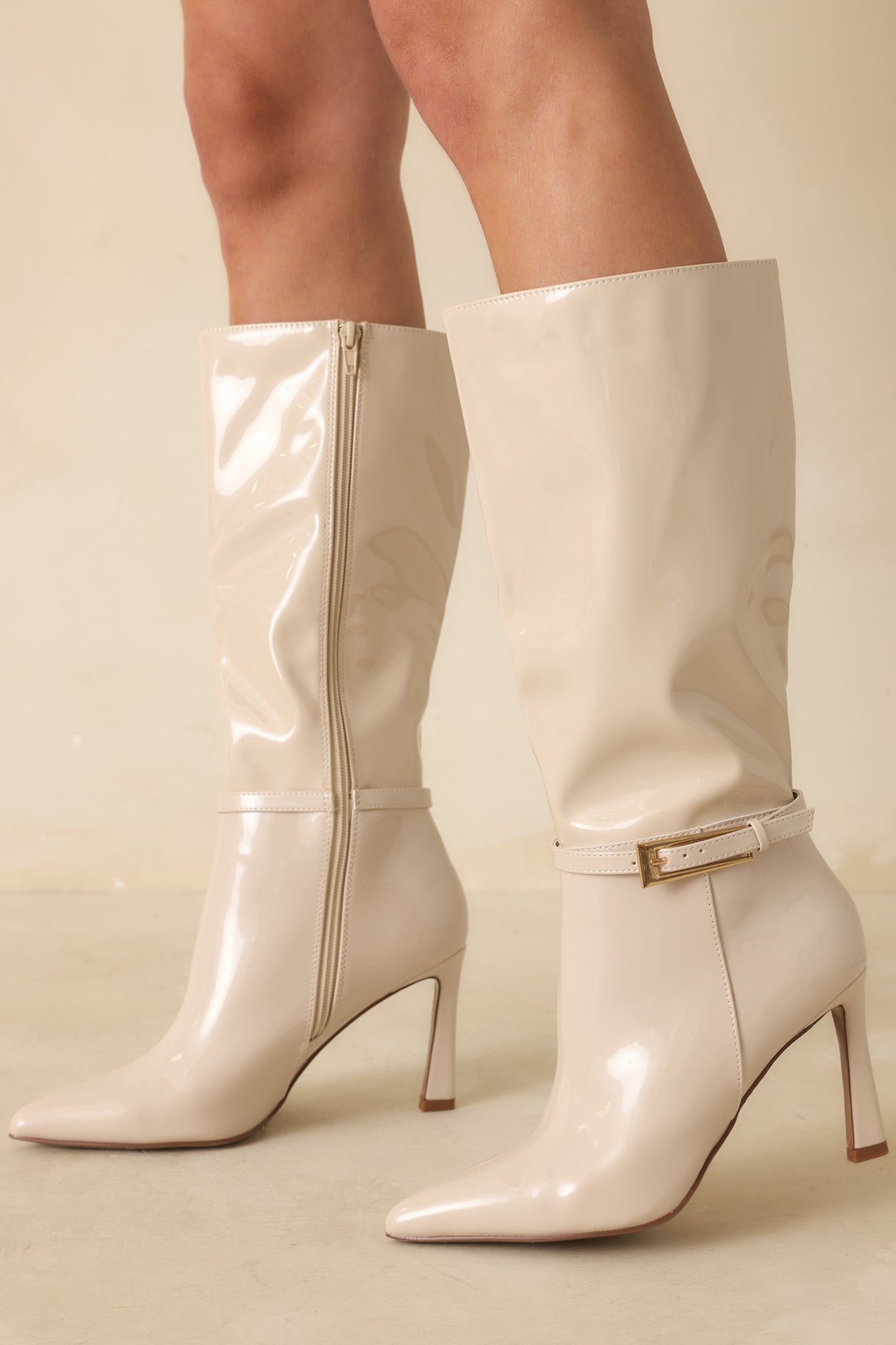 Women's Stay In Touch Ivory Patent Faux Leather Boots | Heel measures 3.5" 0