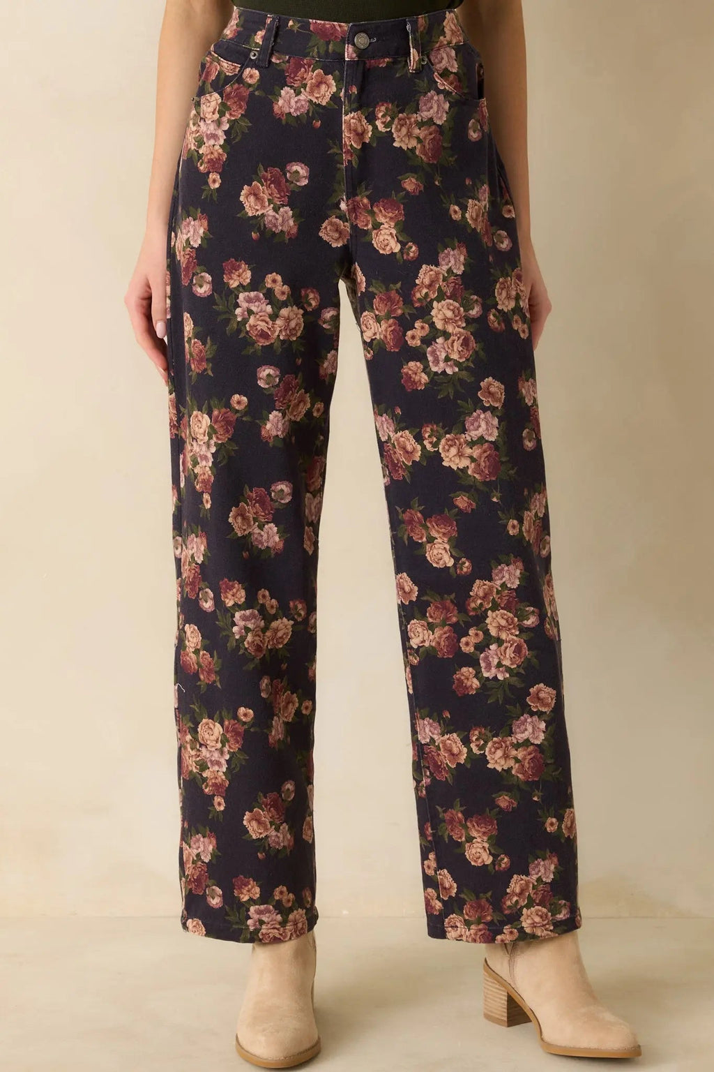Women's Step By Step Navy Floral Straight Leg Jeans | 100% Cotton 0