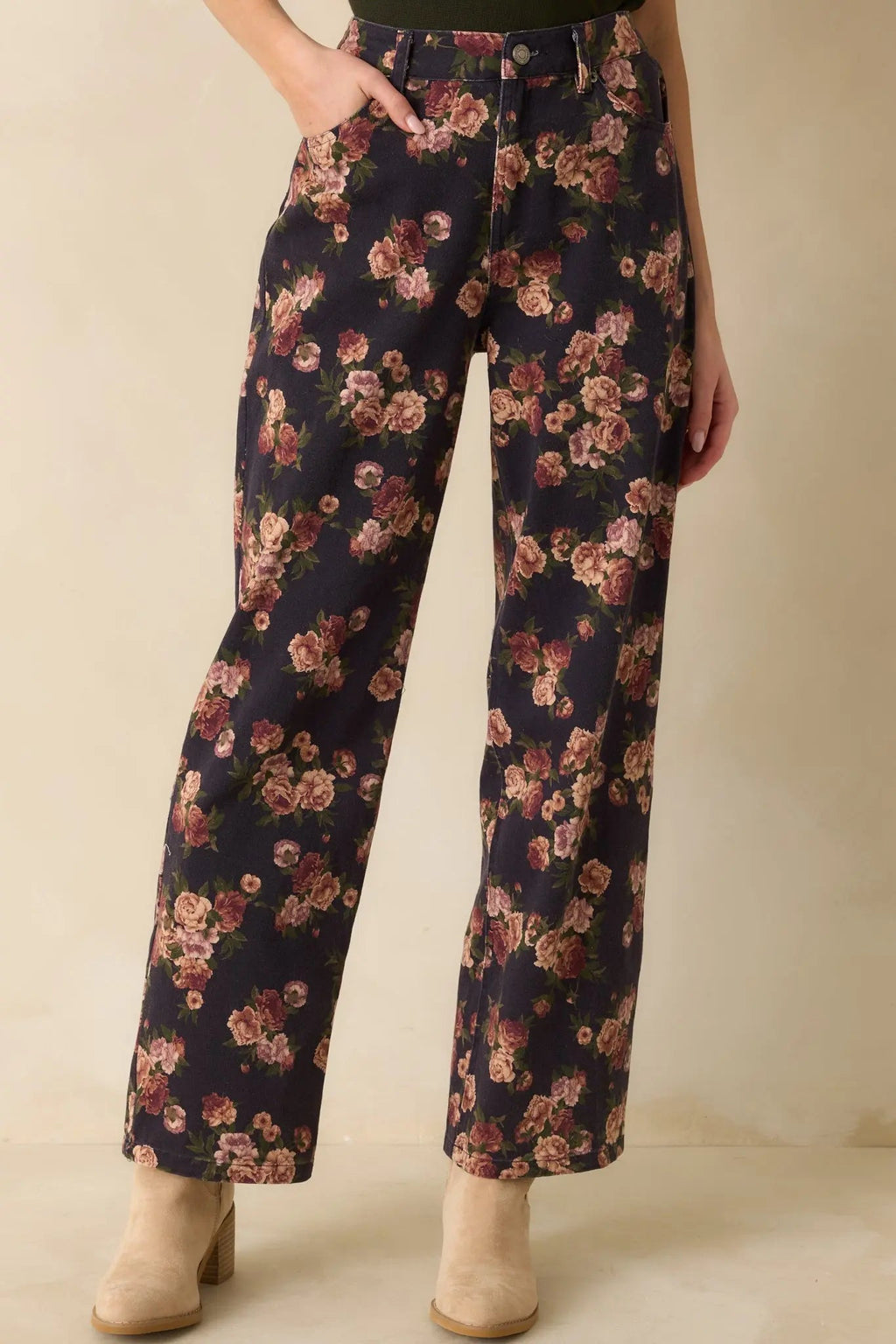 Women's Step By Step Navy Floral Straight Leg Jeans | 100% Cotton 4