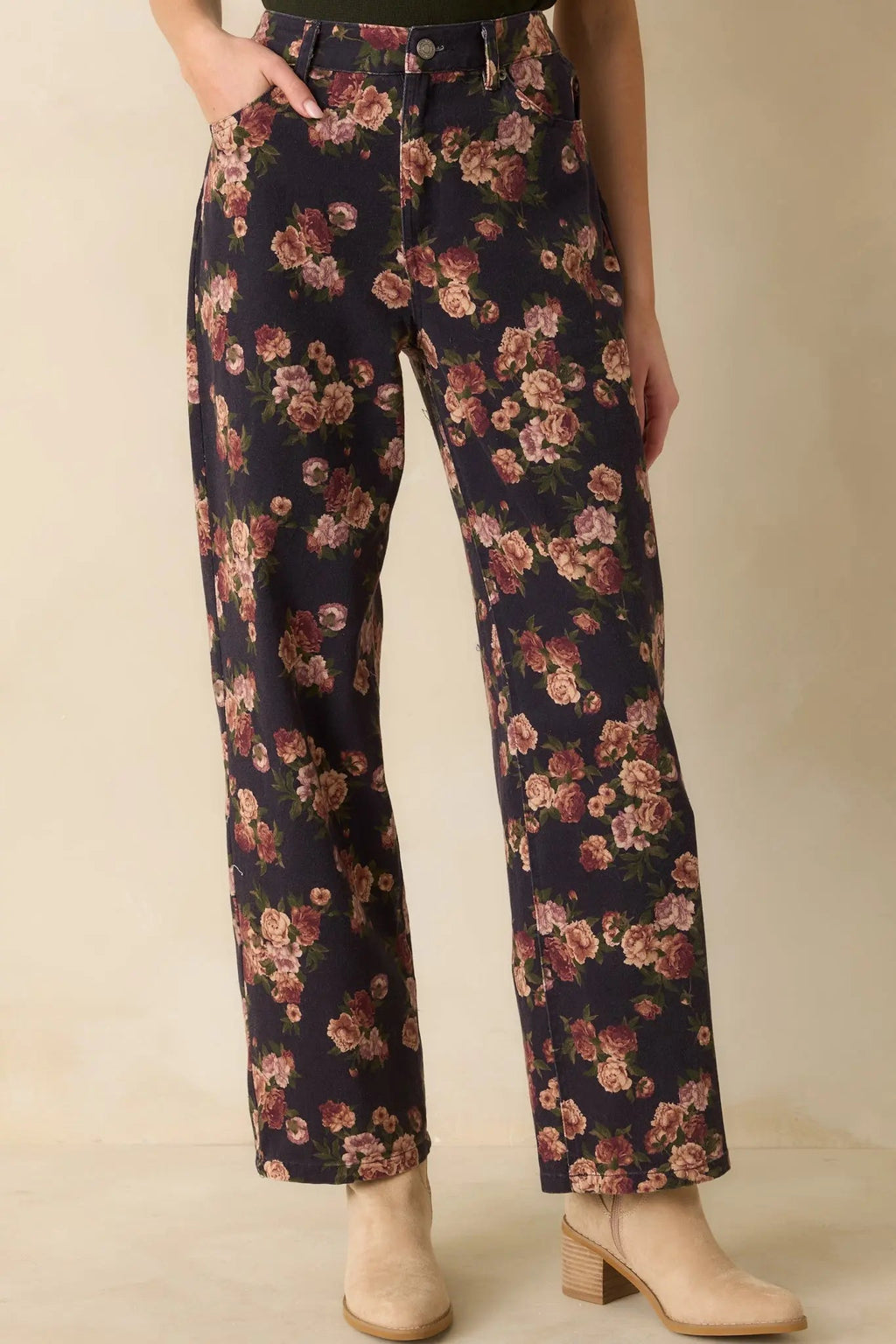 Women's Step By Step Navy Floral Straight Leg Jeans | 100% Cotton 5