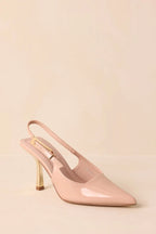 Women's Stood My Ground Beige Patent Pointed Toe Slingback Heels | Heel measures 3.25" 2