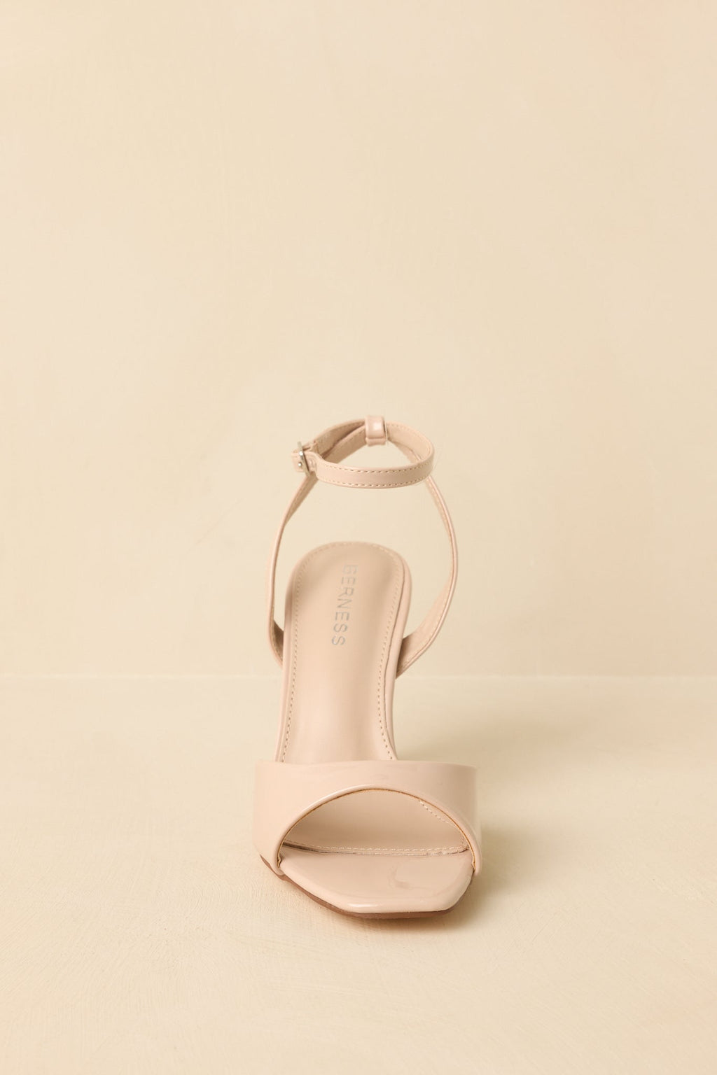 Women's Strut Your Stuff Beige Faux Patent Leather Ankle Strap Heels | Heel measures 3.5" 4