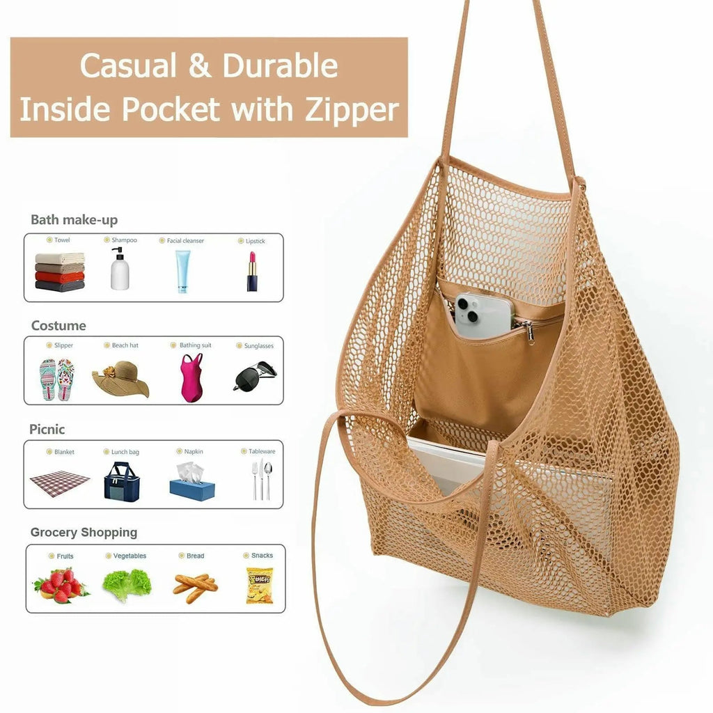 Stylish Beach Tote Bag | Large Capacity Open Top Design with Extra Pocket | Versatile for Women’s Travel and Shopping
