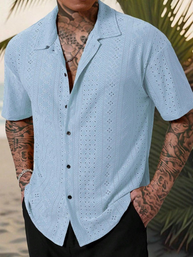 Stylish Men's Shirt | Camp Collar Short Sleeve with Open Stitch Design | Relaxed Fit for Summer Comfort