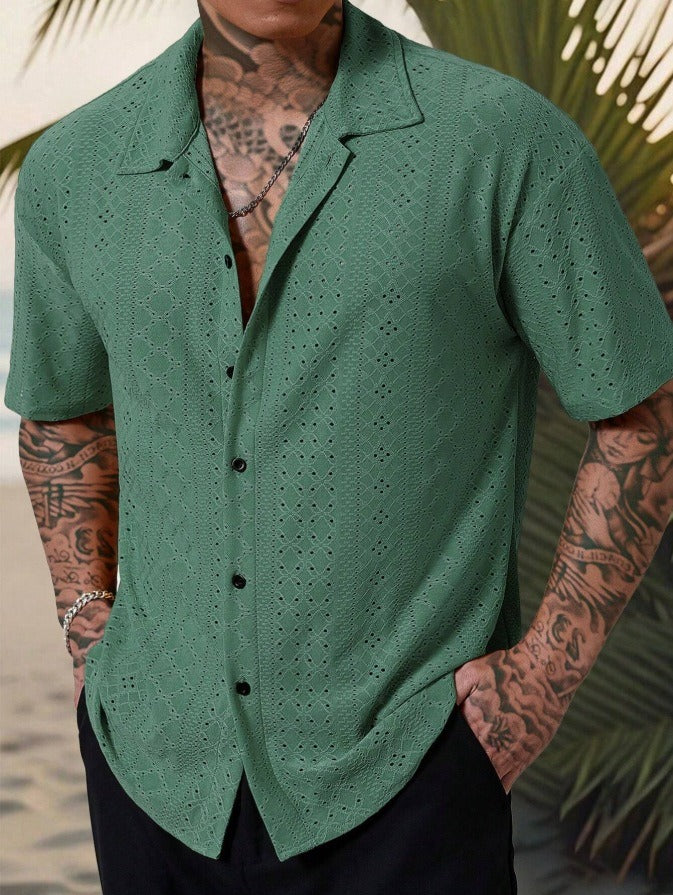 Stylish Men's Shirt | Camp Collar Short Sleeve with Open Stitch Design | Relaxed Fit for Summer Comfort