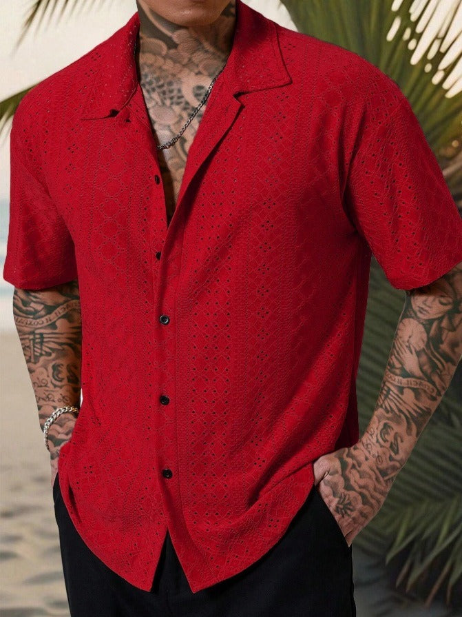 Stylish Men's Shirt | Camp Collar Short Sleeve with Open Stitch Design | Relaxed Fit for Summer Comfort