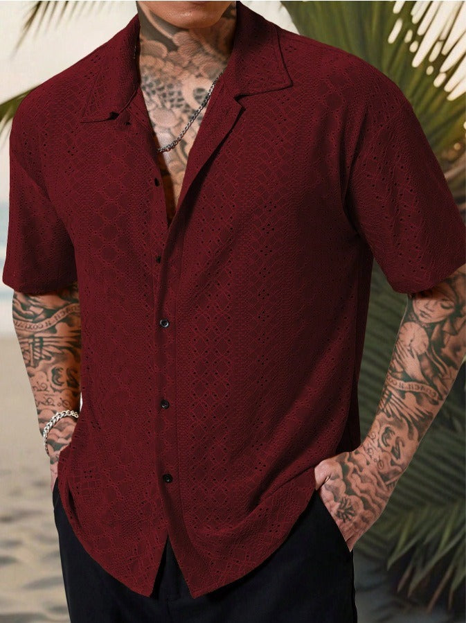 Stylish Men's Shirt | Camp Collar Short Sleeve with Open Stitch Design | Relaxed Fit for Summer Comfort