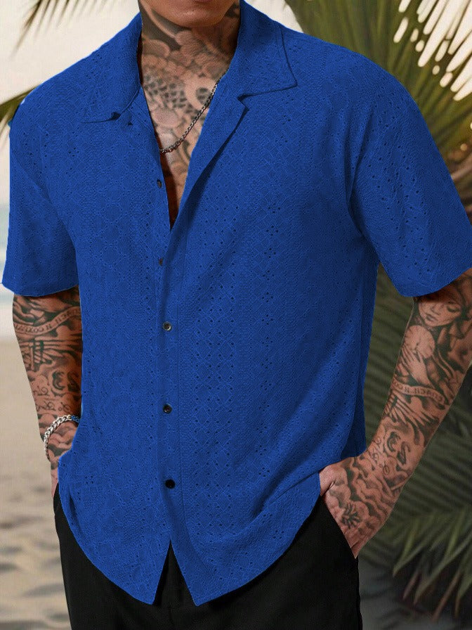 Stylish Men's Shirt | Camp Collar Short Sleeve with Open Stitch Design | Relaxed Fit for Summer Comfort