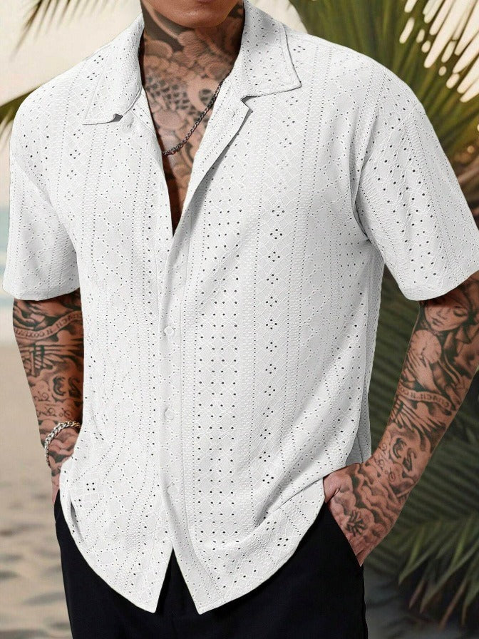 Stylish Men's Shirt | Camp Collar Short Sleeve with Open Stitch Design | Relaxed Fit for Summer Comfort