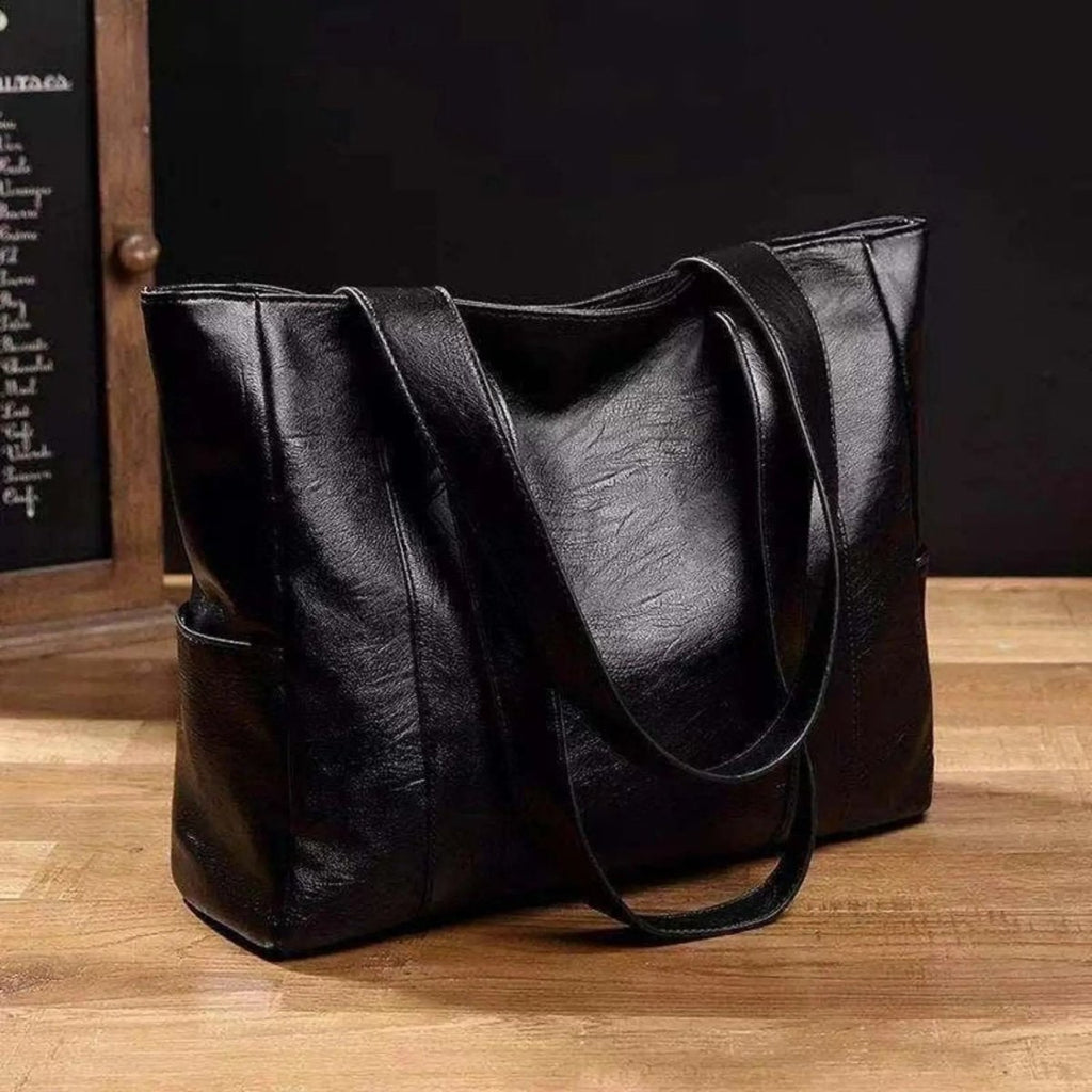 Faux-Leather Tote Bag — Zip-Pocket Shoulder Handbag