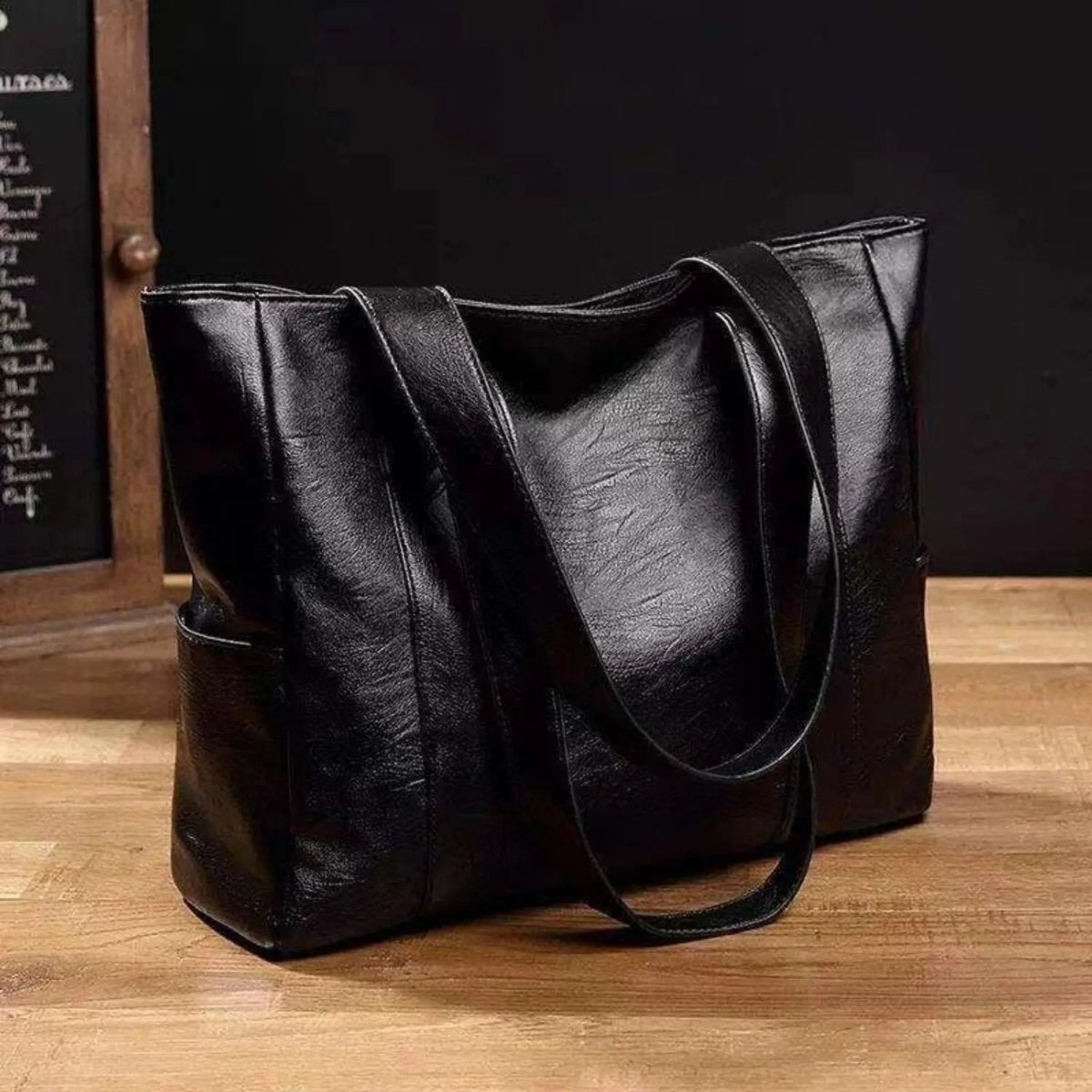 Faux-Leather Tote Bag — Zip-Pocket Shoulder Handbag