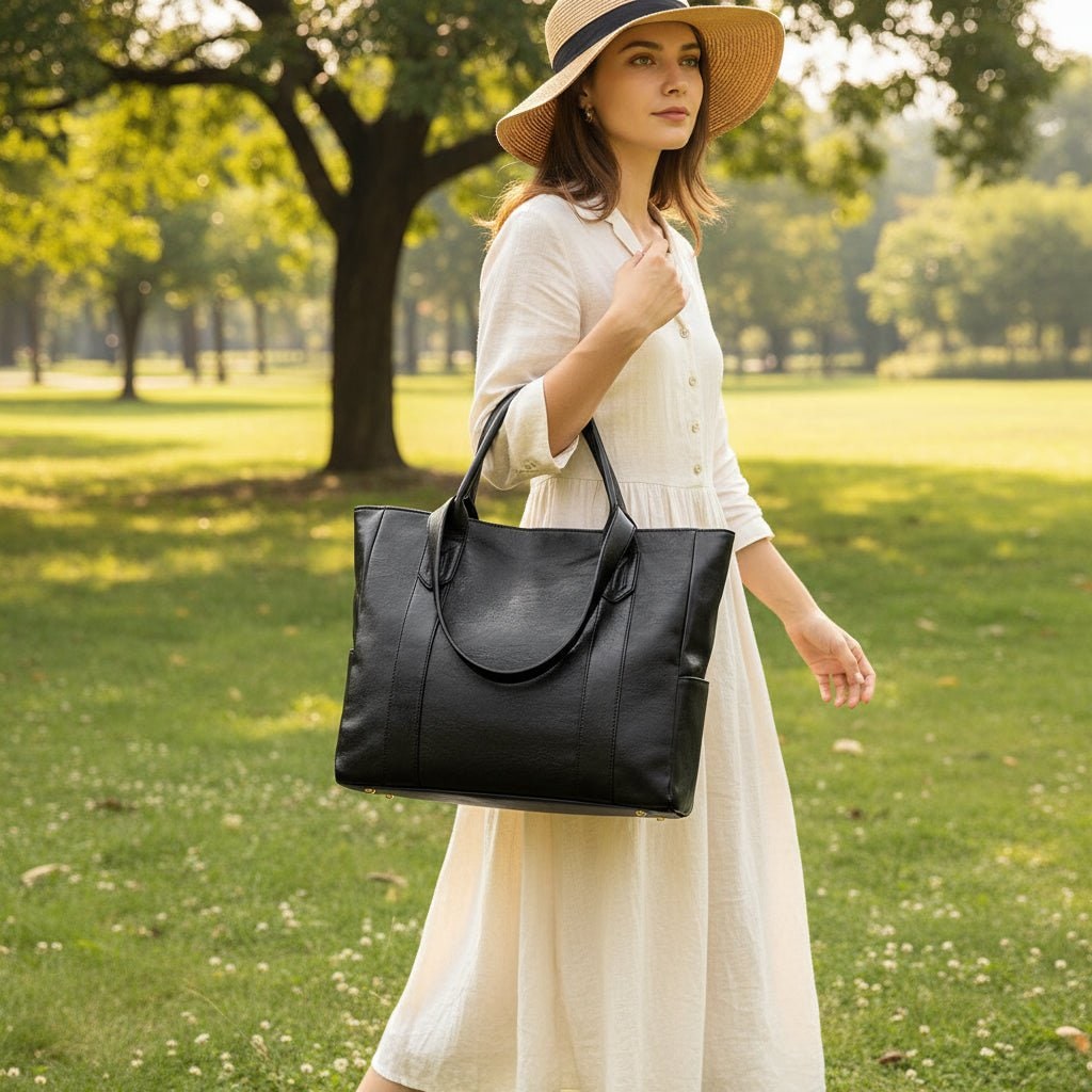 Faux-Leather Tote Bag — Zip-Pocket Shoulder Handbag