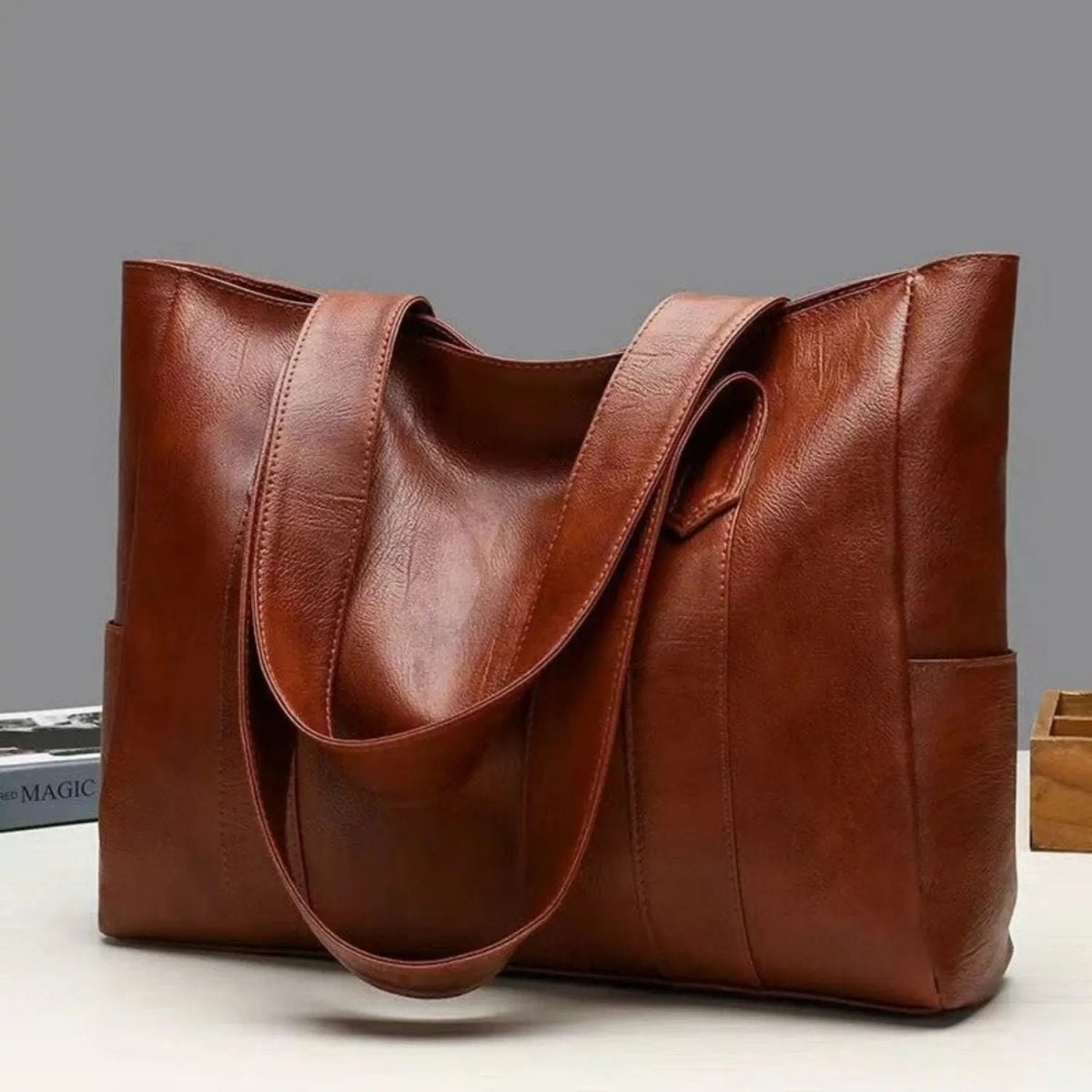 Faux-Leather Tote Bag — Zip-Pocket Shoulder Handbag