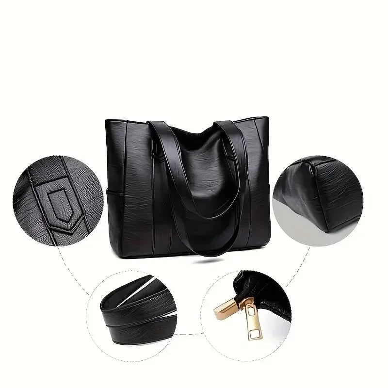 Faux-Leather Tote Bag — Zip-Pocket Shoulder Handbag