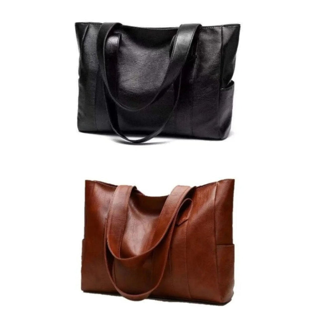Faux-Leather Tote Bag — Zip-Pocket Shoulder Handbag