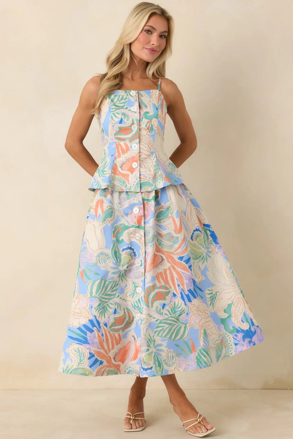 Women's Summer Sketchbook Blue Multi Floral Button-Front Peplum Top | 100% Cotton 3
