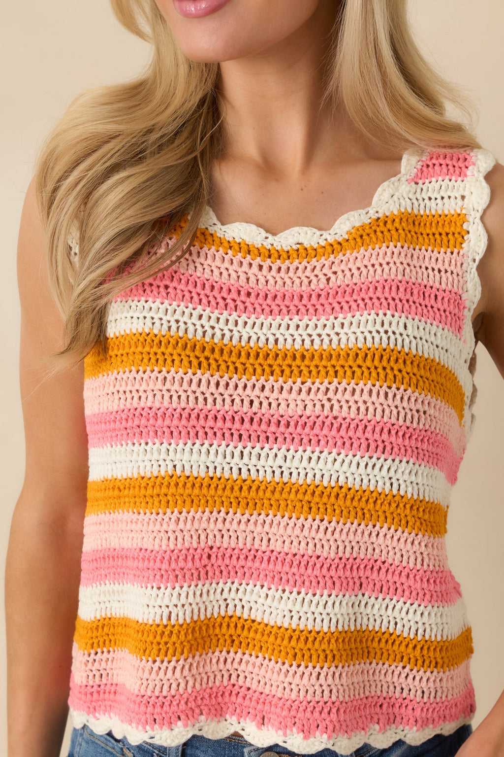 Women's Sunkissed Sorbet Pink & Orange Stripe Crochet Knit Tank Top | 100% Acrylic 2
