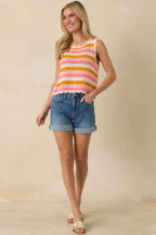 Women's Sunkissed Sorbet Pink & Orange Stripe Crochet Knit Tank Top | 100% Acrylic 3