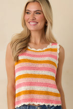 Women's Sunkissed Sorbet Pink & Orange Stripe Crochet Knit Tank Top | 100% Acrylic 4