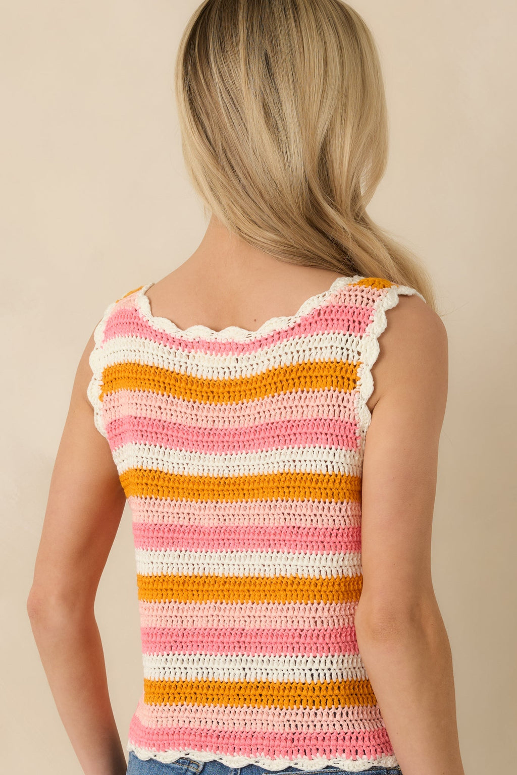 Women's Sunkissed Sorbet Pink & Orange Stripe Crochet Knit Tank Top | 100% Acrylic 6