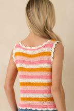 Women's Sunkissed Sorbet Pink & Orange Stripe Crochet Knit Tank Top | 100% Acrylic 6