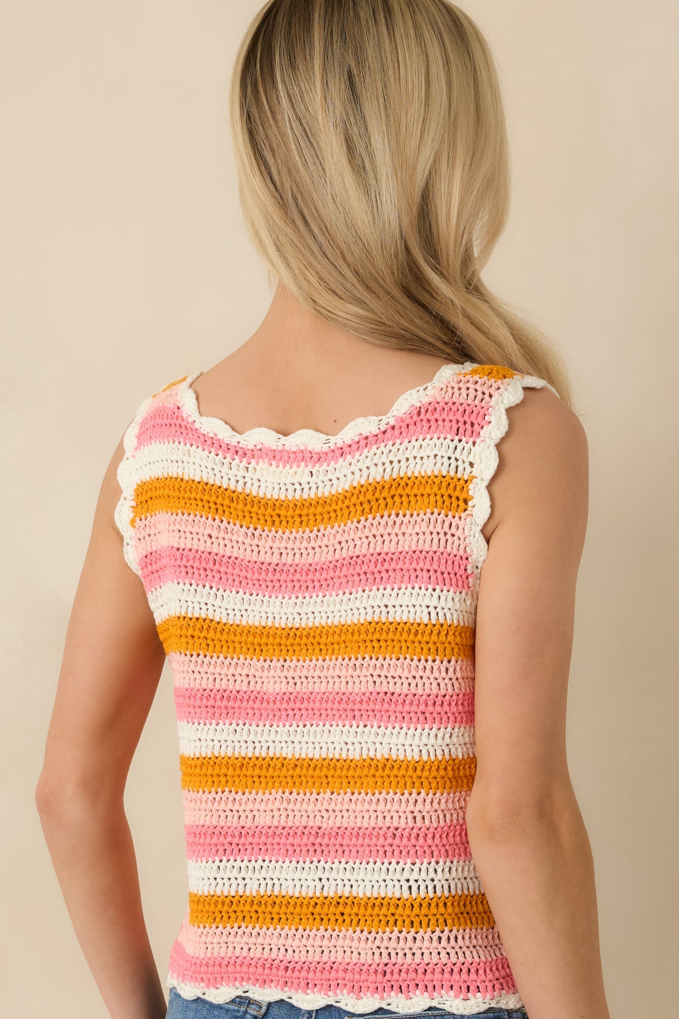 Women's Sunkissed Sorbet Pink & Orange Stripe Crochet Knit Tank Top | 100% Acrylic 6