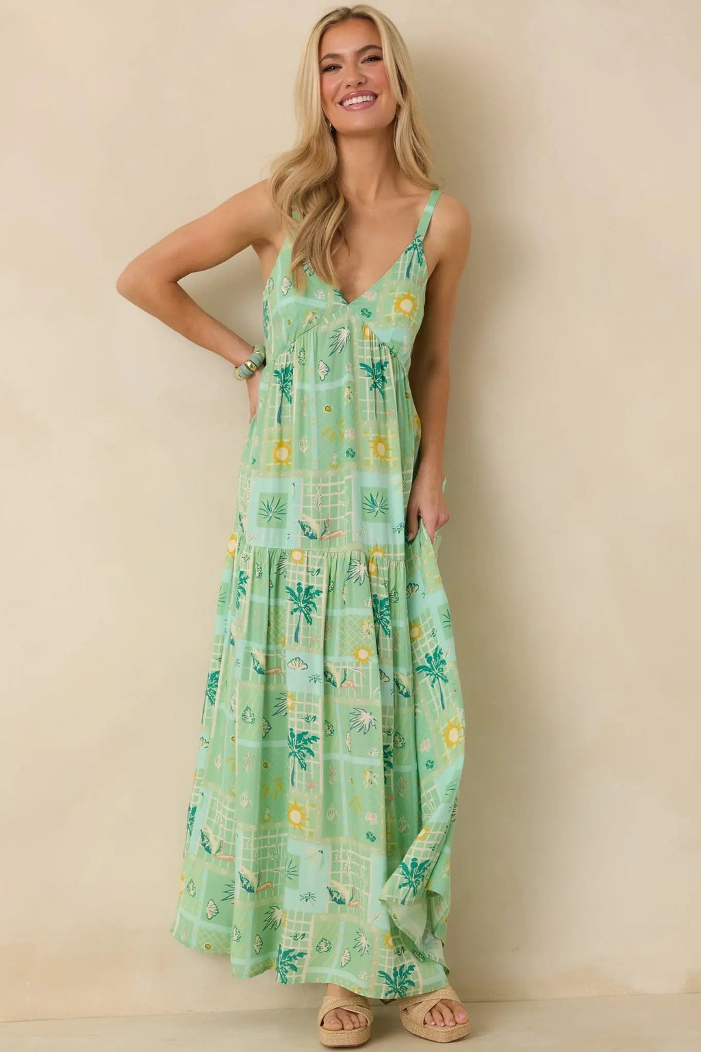 Women's Sunlit Getaway Green Multi Tropical Sleeveless Maxi Dress | 100% Rayon 0