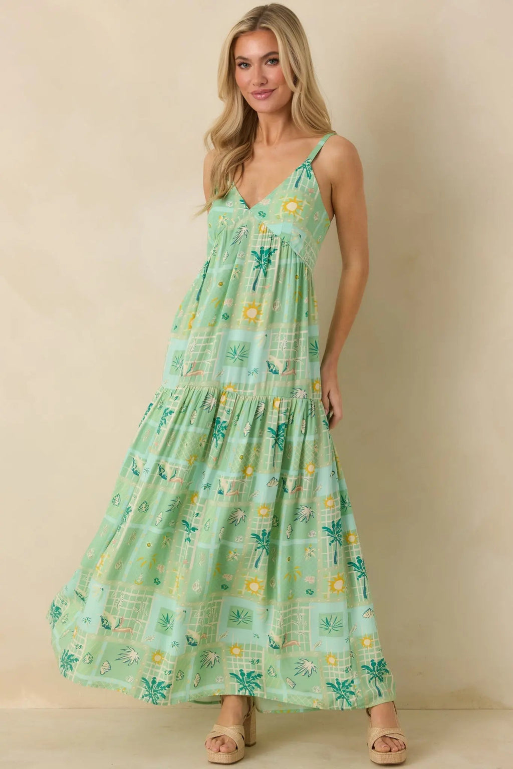 Women's Sunlit Getaway Green Multi Tropical Sleeveless Maxi Dress | 100% Rayon 2