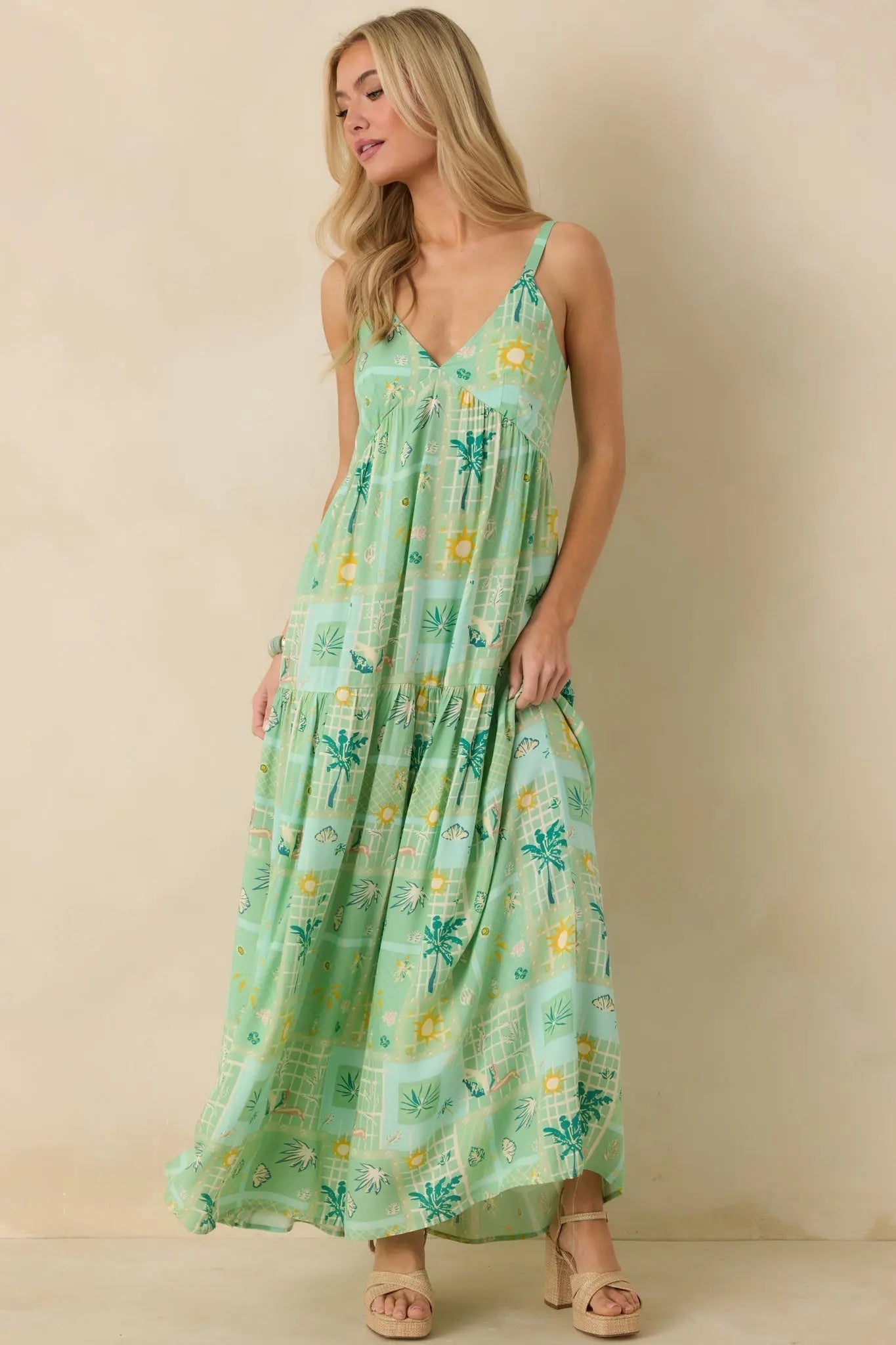 Women's Sunlit Getaway Green Multi Tropical Sleeveless Maxi Dress | 100% Rayon 3