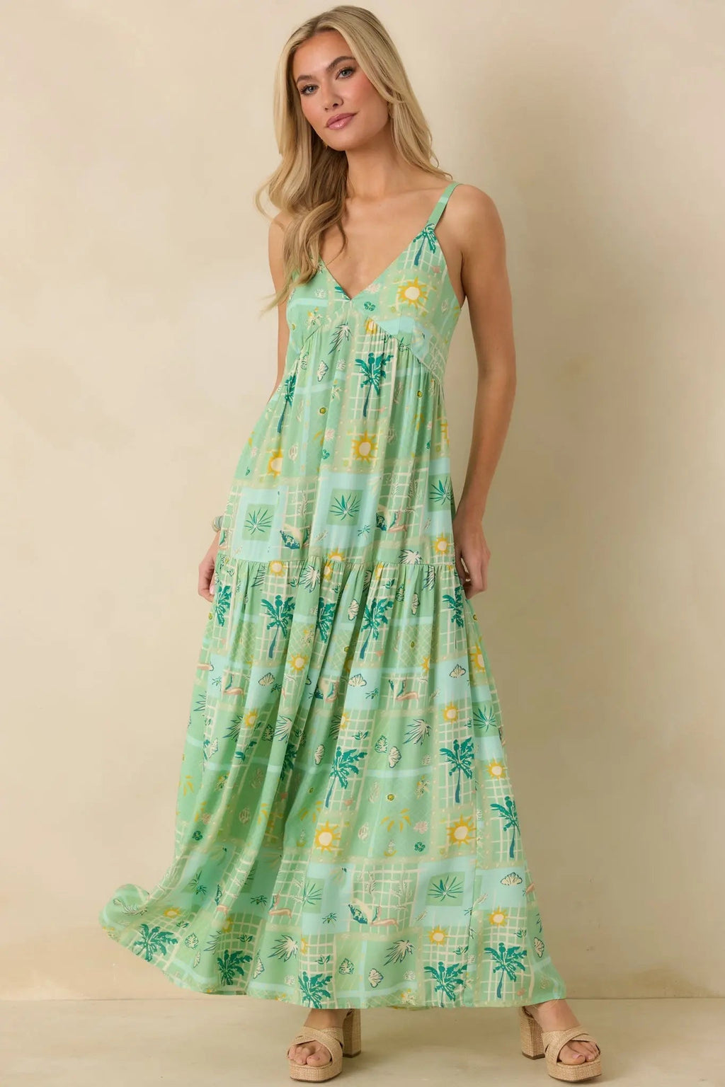 Women's Sunlit Getaway Green Multi Tropical Sleeveless Maxi Dress | 100% Rayon 4